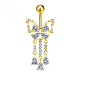 CZ Triple Dangle Butterfly Titanium Belly Bar - Gold - Image 1