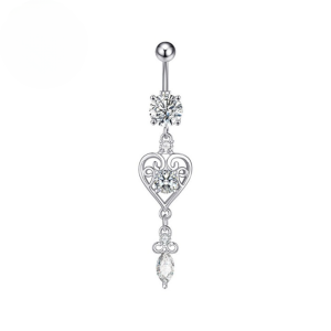 CZ Heart Drop Dangle Titanium Belly Bar - Silver - Image 1