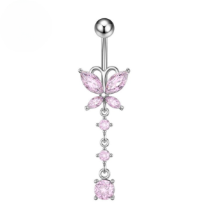 CZ Butterfly Triple Dangle Titanium Belly Bar - Silver Pink - Image 1
