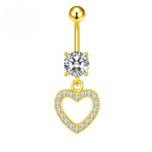 CZ Heart Dangle Titanium Belly Bar - Gold - Image 1