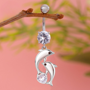 CZ Dolphin Titanium Belly Bar - Silver - Image 1