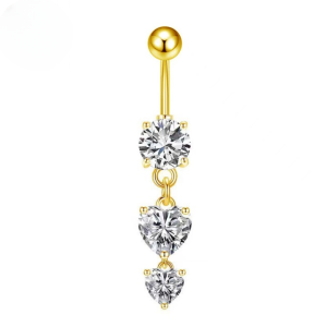 EVERLY CZ Double Heart Dangle Titanium Belly Bar - Gold - Image 1