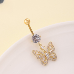 CZ Large Butterfly Titanium Belly Bar - Gold - Image 1