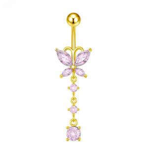 CZ Butterfly Triple Dangle Titanium Belly Bar - Gold Pink - Image 1