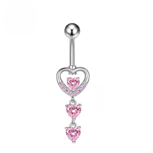 CZ Triple Heart Titanium Belly Bar - Pink - Image 1