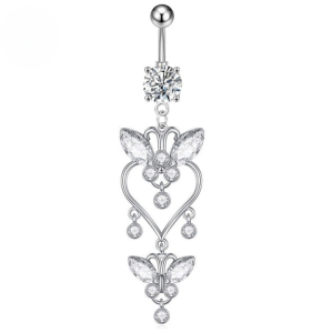 CZ Double Butterfly Titanium Belly Bar - Silver - Image 1