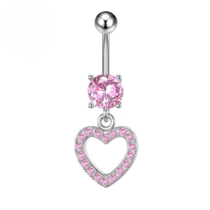 CZ Heart Dangle Titanium Belly Bar - Pink - Image 1