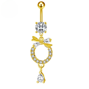 CZ Ring With Bow Titanium Belly Bar - Gold - Image 1