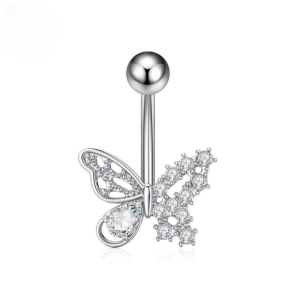 CZ Crystal Butterfly Titanium Belly Bar - Silver - Image 1