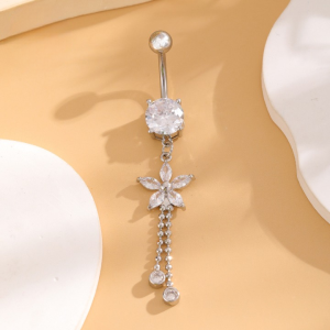 CZ Flower Double Dangle Titanium Belly Bar - Silver - Image 1