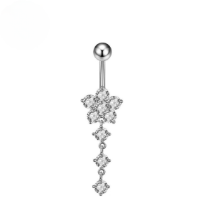 CZ Flower Triple Dangle Titanium Belly Bar - Clear - Image 1