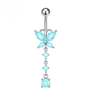 CZ Butterfly Triple Dangle Titanium Belly Bar - Silver Blue - Image 1