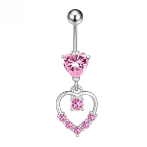 CZ Double Heart Titanium Belly Bar - Pink - Image 1