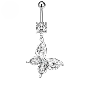 CZ Diagonal Butterfly Titanium Belly Bar - Silver - Image 1
