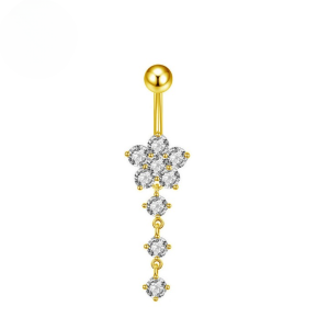 CZ Flower Triple Dangle Titanium Belly Bar - Gold - Image 1