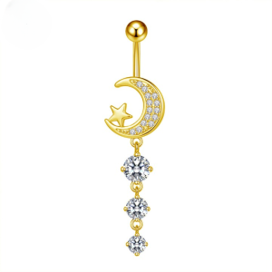 CZ Moon And Star Dangle Titanium Belly Bar - Gold - Image 1