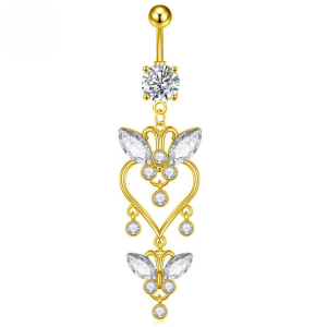 CZ Double Butterfly Titanium Belly Bar - Gold - Image 1