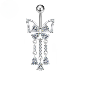 CZ Triple Dangle Butterfly Titanium Belly Bar - Clear - Image 1