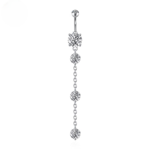 CZ Extra Long Dangle Titanium Belly Bar - Silver - Image 1