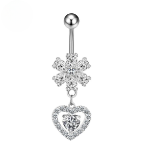CZ Flower Heart Titanium Belly Bar - Silver - Image 1