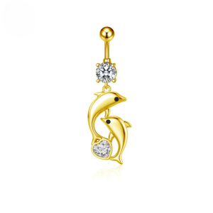CZ Dolphin Titanium Belly Bar - Gold - Image 1