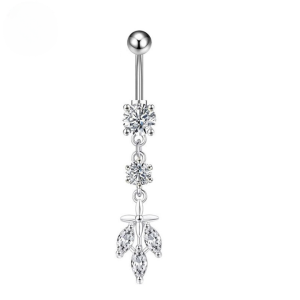 CZ Leaf Dangle Titanium Belly Bar - Silver - Image 1