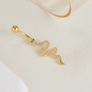 CZ Snake Titanium Belly Bar - Gold - Image 1