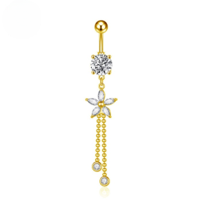 CZ Flower Double Dangle Titanium Belly Bar - Gold - Image 1