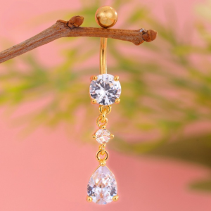 CZ Drop Dangle Titanium Belly Bar - Gold - Image 1