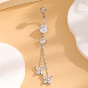 CZ Double String Butterfly Dangle Titanium Belly Bar - Silver - Image 1