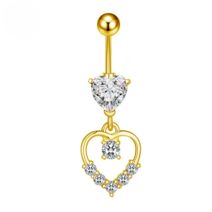CZ Double Heart Titanium Belly Bar - Gold - Image 1