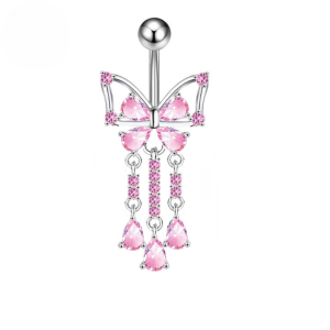 CZ Triple Dangle Butterfly Titanium Belly Bar - Pink - Image 1