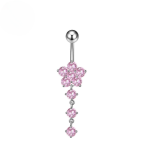 CZ Flower Triple Dangle Titanium Belly Bar - Pink - Image 1