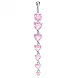 CZ Long Heart Dangle Titanium Belly Bar - Pink - Image 1