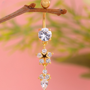 CZ Double Flower Titanium Belly Bar - Gold - Image 1