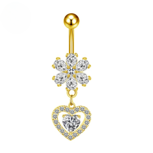 CZ Flower Heart Titanium Belly Bar - Gold - Image 1