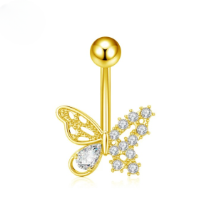 CZ Crystal Butterfly Titanium Belly Bar - Gold - Image 1