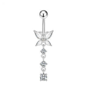 CZ Butterfly Triple Dangle Titanium Belly Bar - Silver Clear - Image 1
