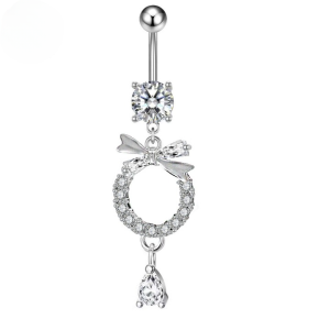 CZ Ring With Bow Titanium Belly Bar - Silver - Image 1