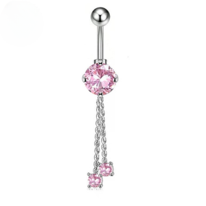 CZ Double Dangle Titanium Belly Bar - Pink - Image 1