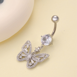 CZ Large Butterfly Titanium Belly Bar - Silver - Image 1
