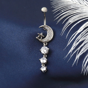 CZ Moon And Star Dangle Titanium Belly Bar - Silver - Image 1