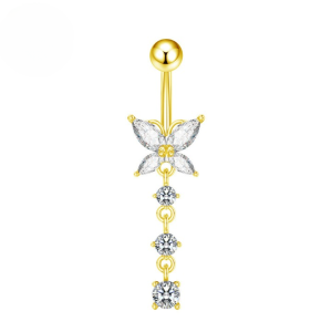 CZ Butterfly Triple Dangle Titanium Belly Bar - Gold Clear - Image 1
