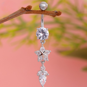 CZ Double Flower Titanium Belly Bar - Clear - Image 1