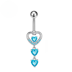 CZ Triple Heart Titanium Belly Bar - Blue - Image 1
