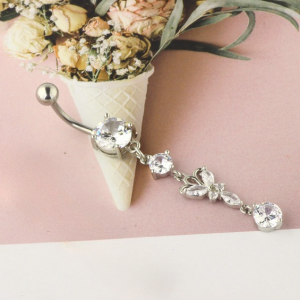 CZ Long Butterfly Titanium Belly Bar - Silver - Image 1
