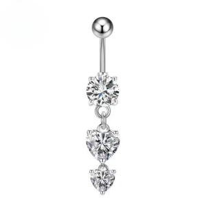 CZ Double Heart Dangle Titanium Belly Bar - Silver - Image 1