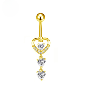 CZ Triple Heart Titanium Belly Bar - Gold - Image 1