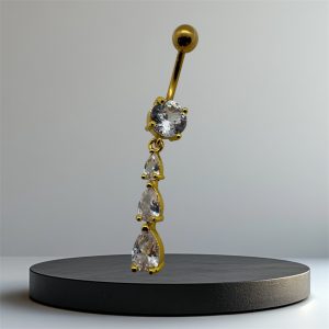 EVERLY CZ Triple Water Drop Dangle Titanium Belly Bar - Gold - Image 1