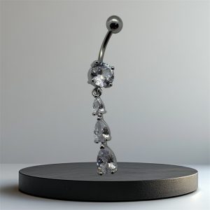 EVERLY CZ Triple Water Drop Dangle Titanium Belly Bar - Silver - Image 1